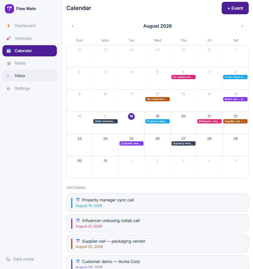 Flow Mate calendar showing an August 2026 month view with color-coded events and an Upcoming list