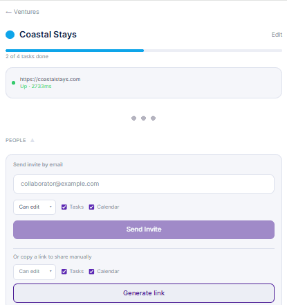 Flow Mate example of inviting a collaborator to a venture, with edit or view-only permission controls for tasks and calendar