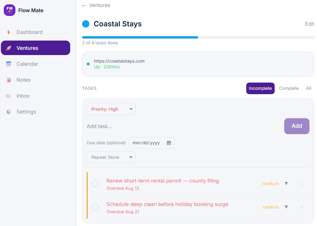 Coastal Stays venture page showing site status, a task list with priorities and due dates, and 2 of 4 tasks completed